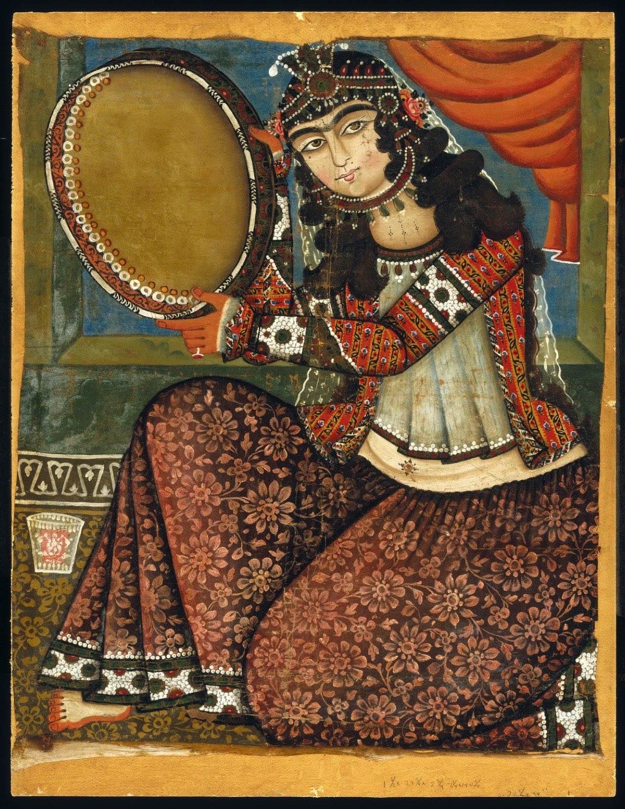 A 19th-century Qajar oil painting of a woman holding a large round daf frame drum