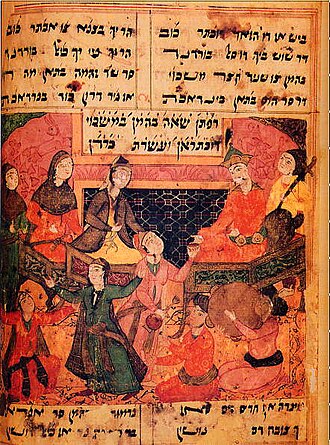 An illustrated page from the Judeo-Persian epic Ardashir-nama by Shahin Shirazi, framed by Hebrew text